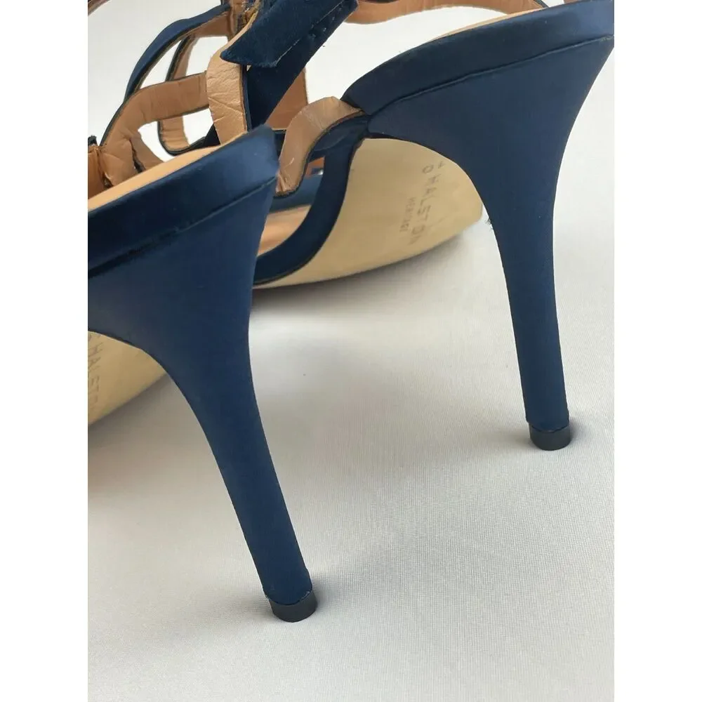~ NEW* 10 Halston Heritage Bette Strappy Stiletto Heels Blue Navy Satin Pumps* - Picture 3 of 16